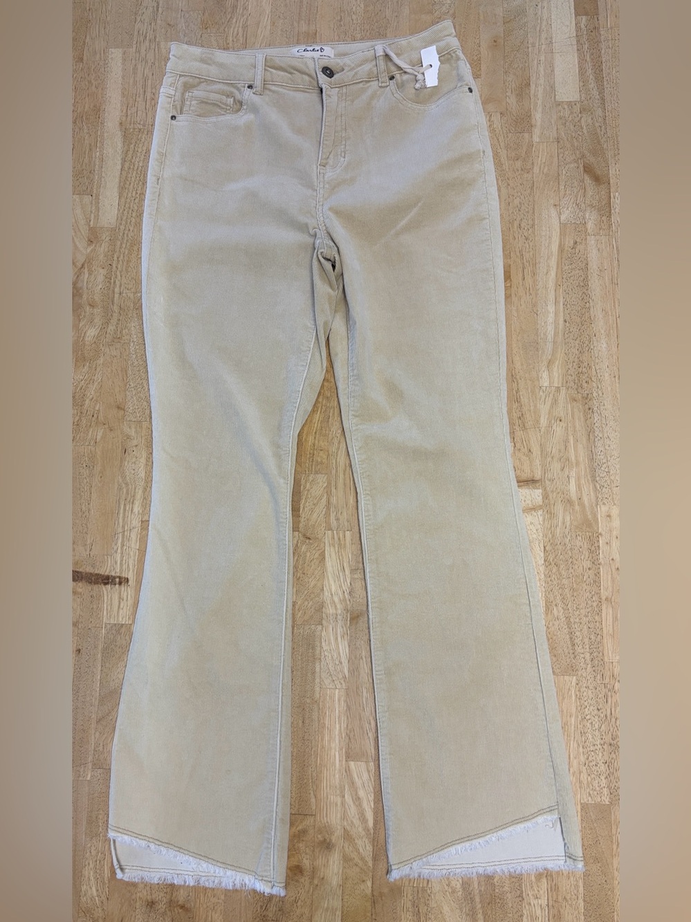 Charlie B Corduroy Bootcut Pants Beige Fray Raw Hem Size 10 Inseam 30 Reg Rise